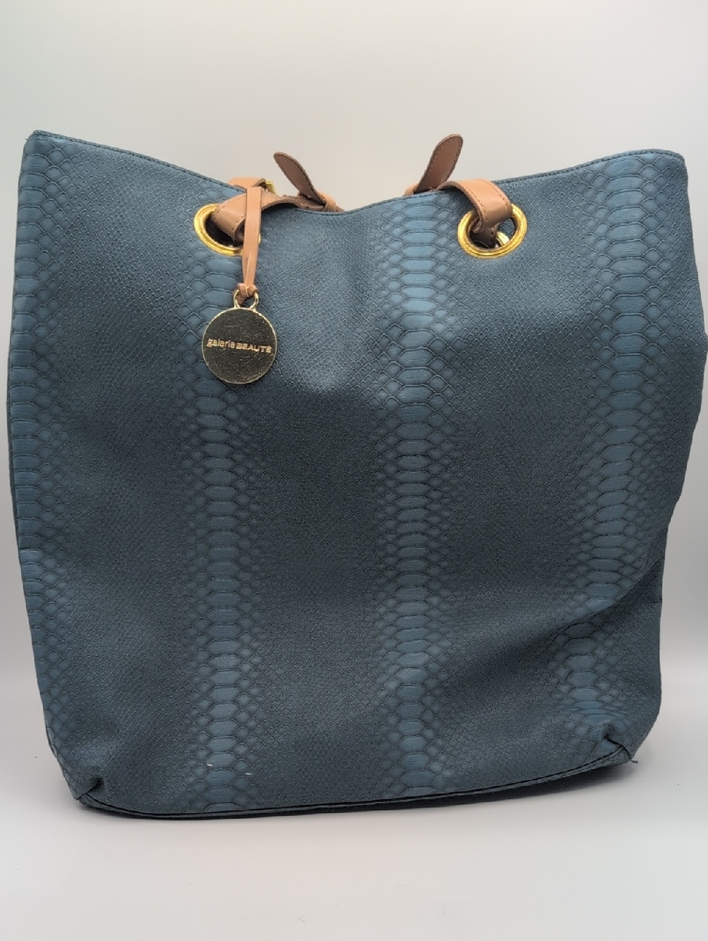 Beauty Boutique | Teal Snake-Embossed Tote with Tan Straps